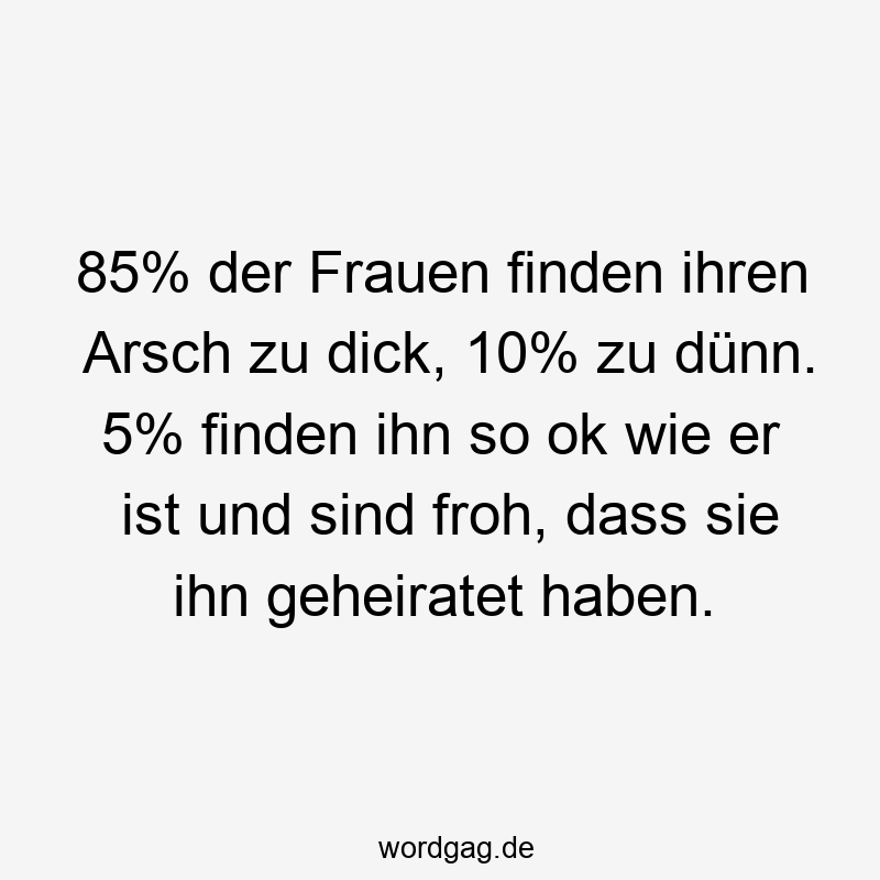 85% der Frauen finden ihren Arsch zu dick, 10% zu dünn. 5% finden ihn so ok wie er ist und sind froh, dass sie ihn geheiratet haben.