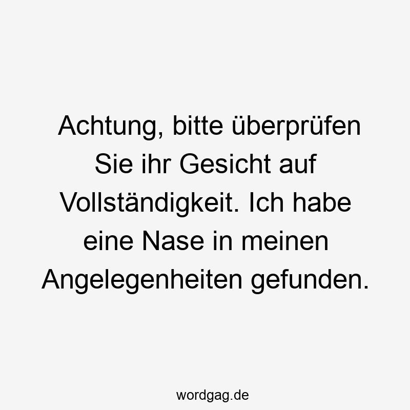Achtung, bitte überprüfen Sie ihr Gesicht auf Vollständigkeit. Ich habe eine Nase in meinen Angelegenheiten gefunden.