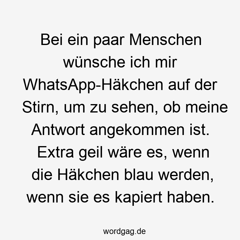 Bei ein paar Menschen wünsche ich mir WhatsApp-Häkchen auf der Stirn, um zu sehen, ob meine Antwort angekommen ist. Extra geil wäre es, wenn die Häkchen blau werden, wenn sie es kapiert haben.