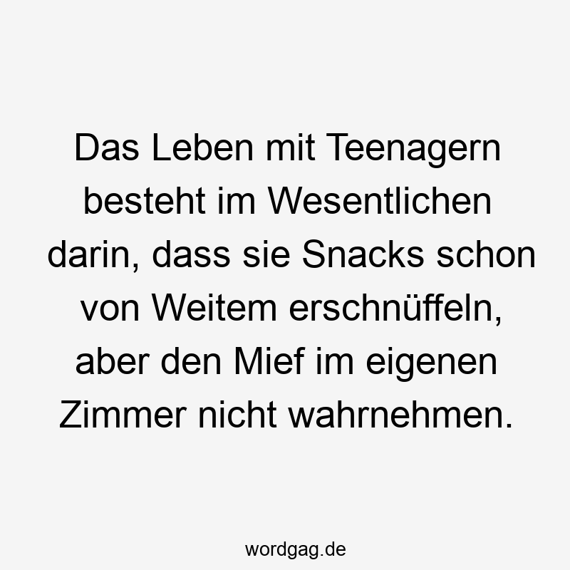 Das Leben mit Teenagern besteht im Wesentlichen darin, dass sie Snacks schon von Weitem erschnüffeln, aber den Mief im eigenen Zimmer nicht wahrnehmen.