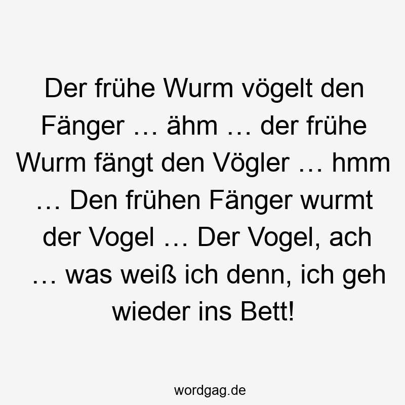 Der frühe Wurm vögelt den Fänger … ähm … der frühe Wurm fängt den Vögler … hmm … Den frühen Fänger wurmt der Vogel … Der Vogel, ach … was weiß ich denn, ich geh wieder ins Bett!