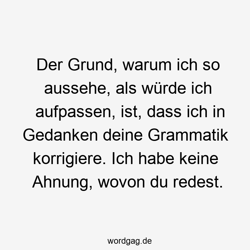 Der Grund, warum ich so aussehe, als würde ich aufpassen, ist, dass ich in Gedanken deine Grammatik korrigiere. Ich habe keine Ahnung, wovon du redest.