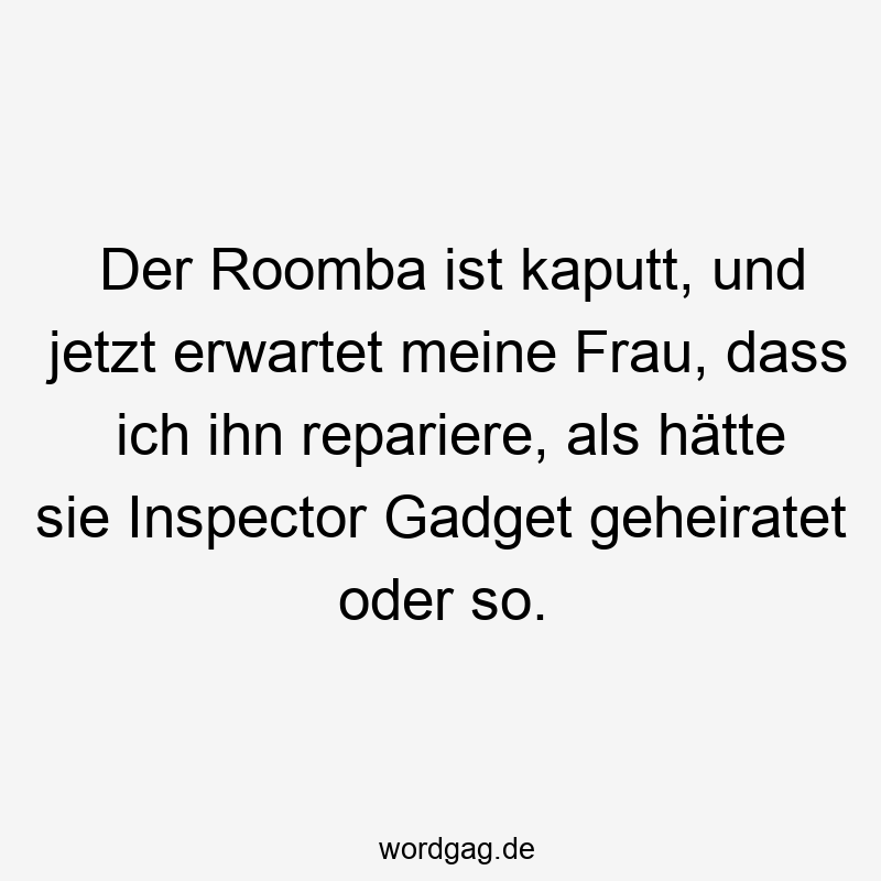 Der Roomba ist kaputt, und jetzt erwartet meine Frau, dass ich ihn repariere, als hätte sie Inspector Gadget geheiratet oder so.