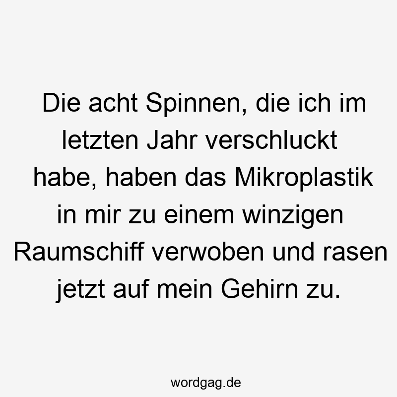 Die acht Spinnen, die ich im letzten Jahr verschluckt habe, haben das Mikroplastik in mir zu einem winzigen Raumschiff verwoben und rasen jetzt auf mein Gehirn zu.