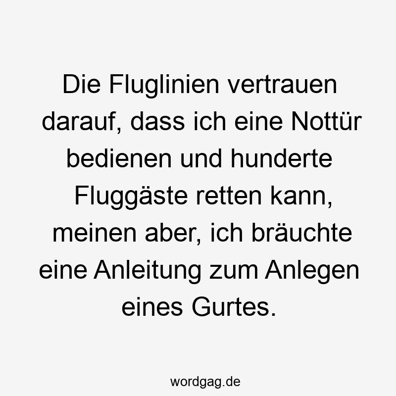 Die Fluglinien vertrauen darauf, dass ich eine Nottür bedienen und hunderte Fluggäste retten kann, meinen aber, ich bräuchte eine Anleitung zum Anlegen eines Gurtes.