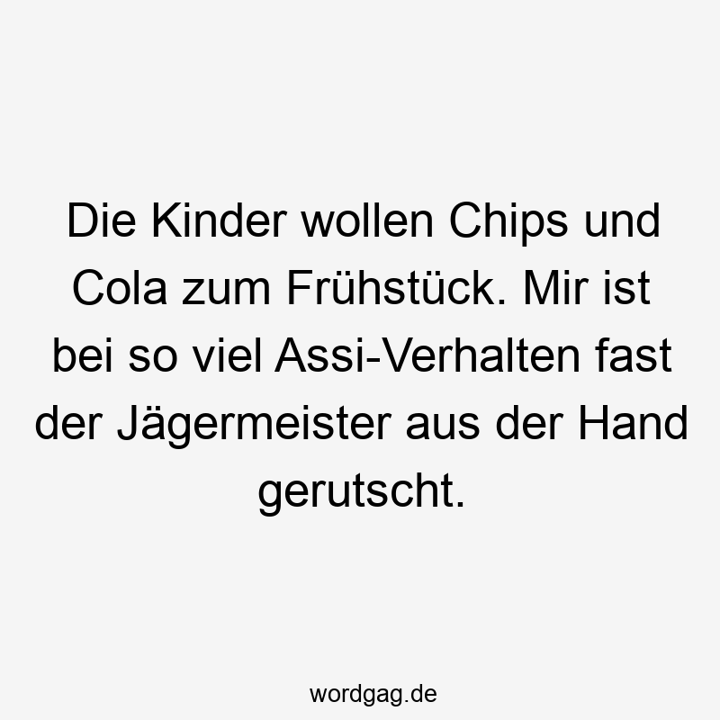 Die Kinder wollen Chips und Cola zum Frühstück. Mir ist bei so viel Assi-Verhalten fast der Jägermeister aus der Hand gerutscht.