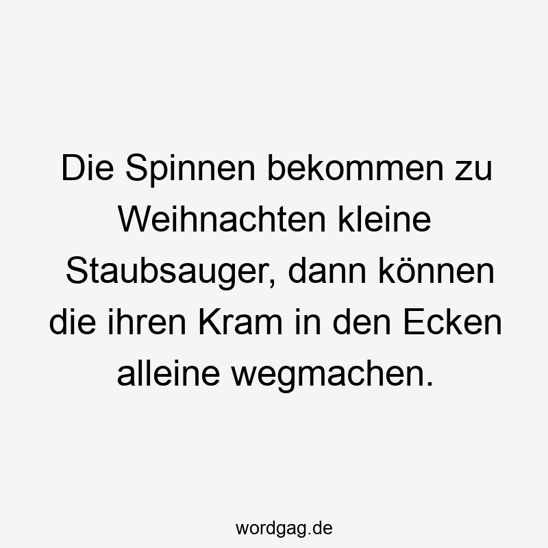 Die Spinnen bekommen zu Weihnachten kleine Staubsauger, dann können die ihren Kram in den Ecken alleine wegmachen.