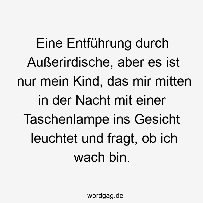 Eine Entführung durch Außerirdische, aber es ist nur mein Kind, das mir mitten in der Nacht mit einer Taschenlampe ins Gesicht leuchtet und fragt, ob ich wach bin.