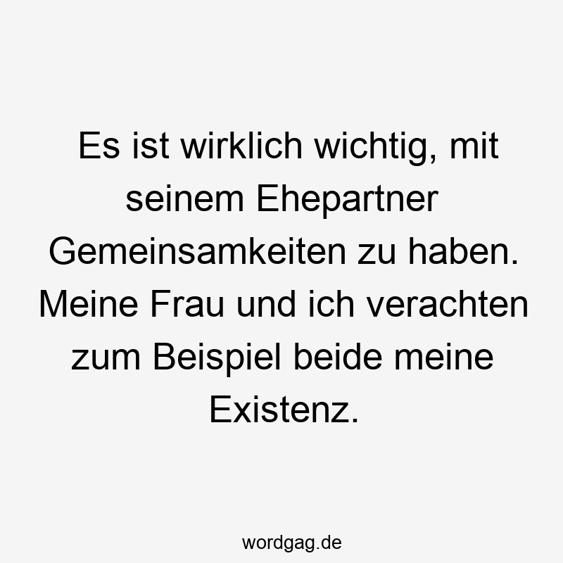 Es ist wirklich wichtig, mit seinem Ehepartner Gemeinsamkeiten zu haben. Meine Frau und ich verachten zum Beispiel beide meine Existenz.