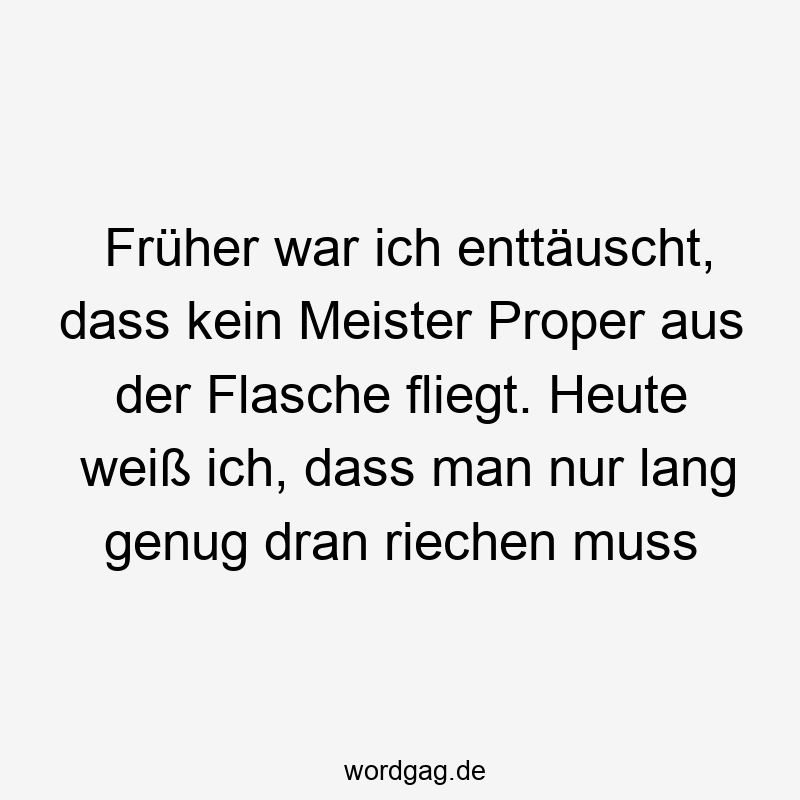 Früher war ich enttäuscht, dass kein Meister Proper aus der Flasche fliegt. Heute weiß ich, dass man nur lang genug dran riechen muss
