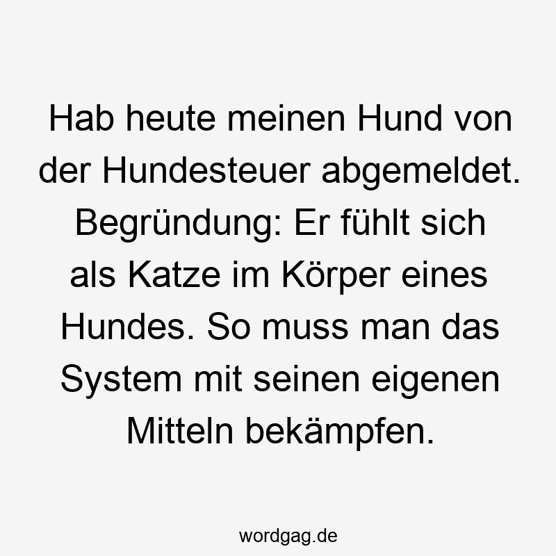 Hab heute meinen Hund von der Hundesteuer abgemeldet. Begründung: Er fühlt sich als Katze im Körper eines Hundes. So muss man das System mit seinen eigenen Mitteln bekämpfen.