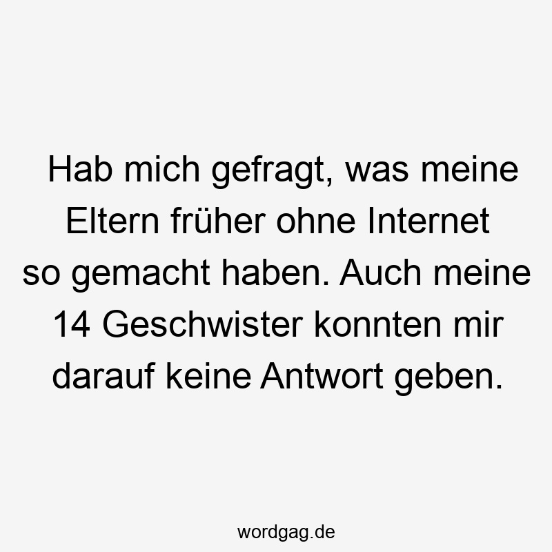 Lustige Sprüche: Geschwister - Hab mich gefragt, was meine Eltern früher ohne Internet so gemacht haben. Auch meine 14 Geschwister konnten mir darauf keine Antwort geben.