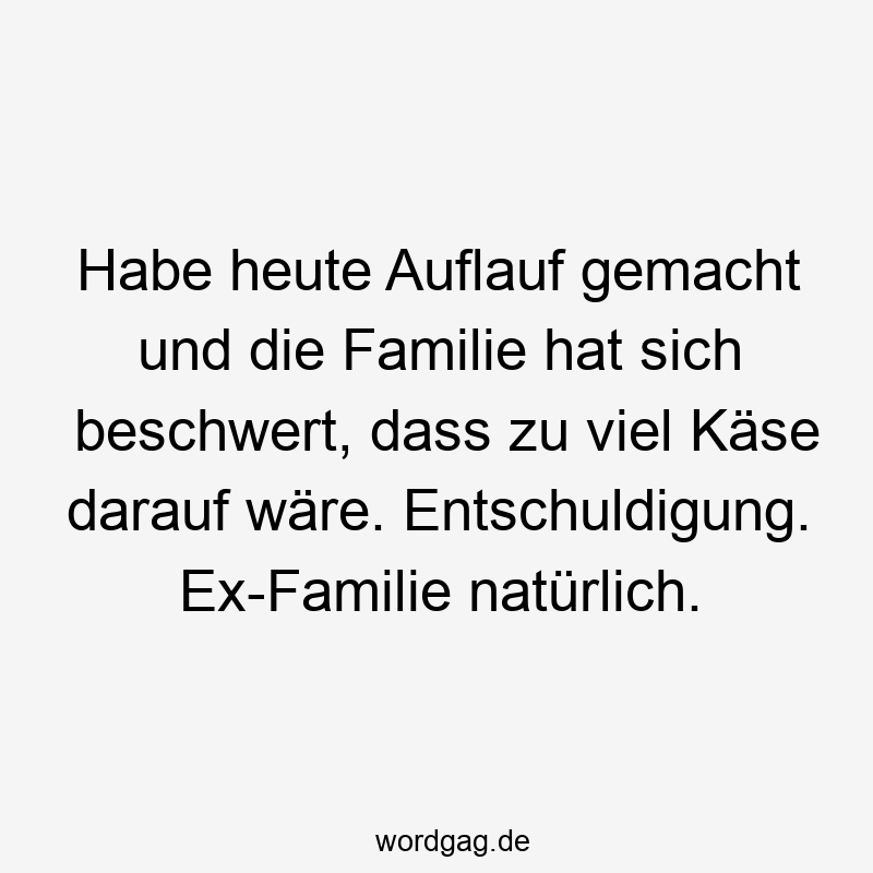 Lustige Sprüche: Beschwerde - Habe heute Auflauf gemacht und die Familie hat sich beschwert, dass zu viel Käse darauf wäre. Entschuldigung. Ex-Familie natürlich.