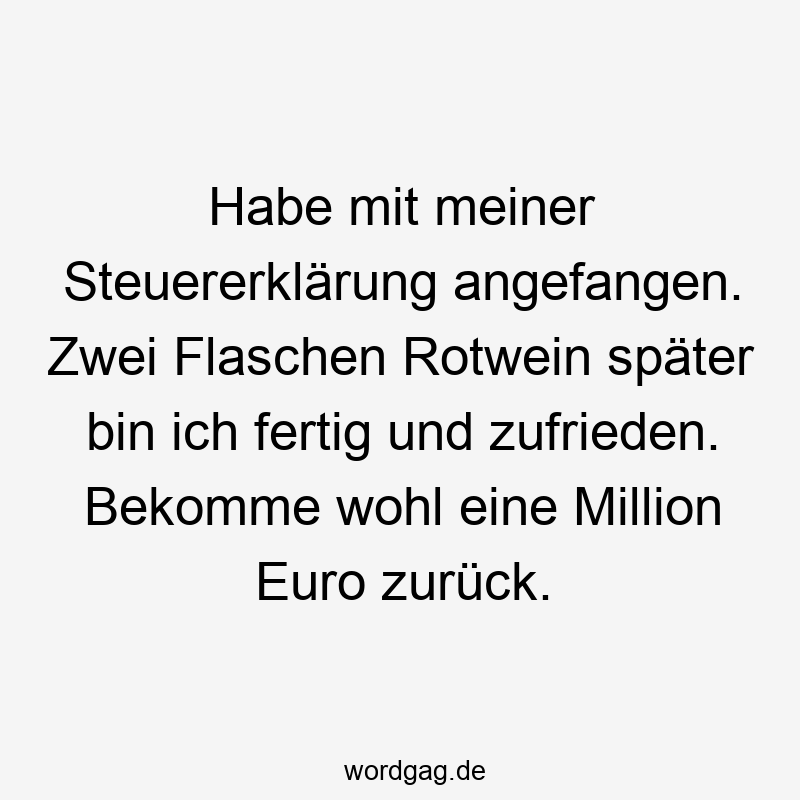 Habe mit meiner Steuererklärung angefangen. Zwei Flaschen Rotwein später bin ich fertig und zufrieden. Bekomme wohl eine Million Euro zurück.