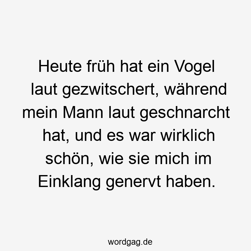 Heute früh hat ein Vogel laut gezwitschert, während mein Mann laut geschnarcht hat, und es war wirklich schön, wie sie mich im Einklang genervt haben.