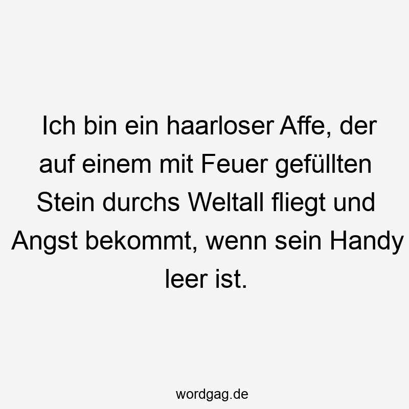 Ich bin ein haarloser Affe, der auf einem mit Feuer gefüllten Stein durchs Weltall fliegt und Angst bekommt, wenn sein Handy leer ist.
