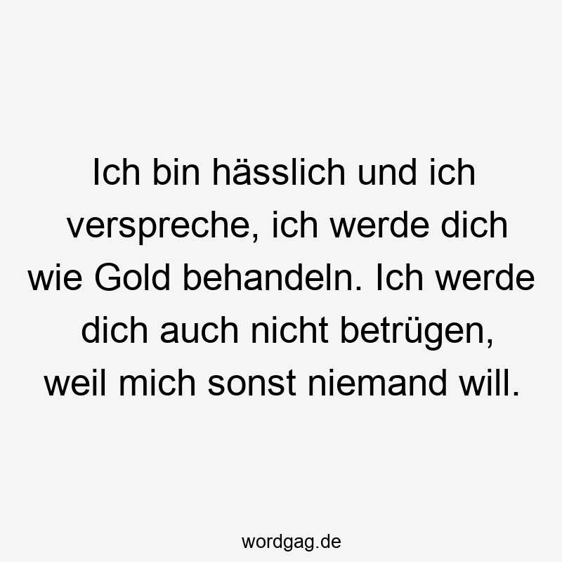 Ich bin hässlich und ich verspreche, ich werde dich wie Gold behandeln. Ich werde dich auch nicht betrügen, weil mich sonst niemand will.