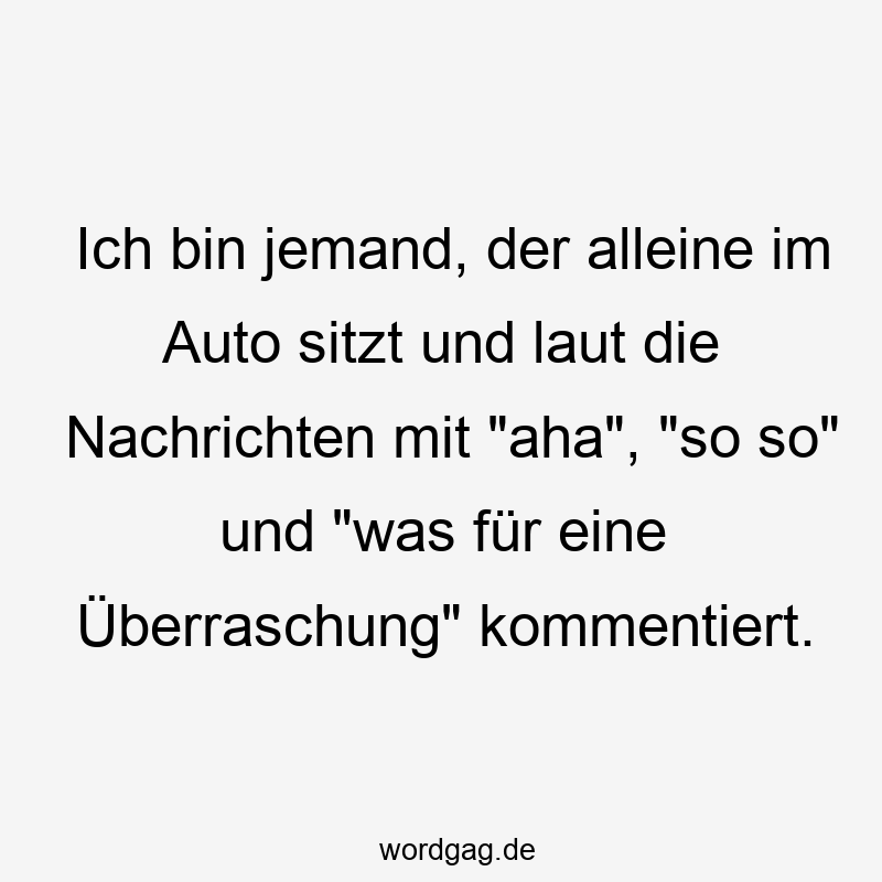 Ich bin jemand, der alleine im Auto sitzt und laut die Nachrichten mit „aha“, „so so“ und „was für eine Überraschung“ kommentiert.