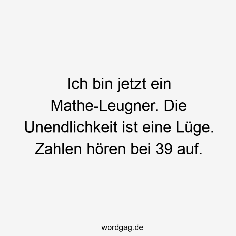 Lustige Sprüche: zählen - Ich bin jetzt ein Mathe-Leugner. Die Unendlichkeit ist eine Lüge. Zahlen hören bei 39 auf.