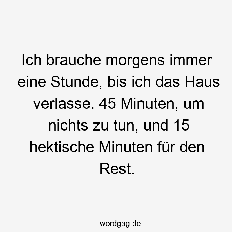 Ich brauche morgens immer eine Stunde, bis ich das Haus verlasse. 45 Minuten, um nichts zu tun, und 15 hektische Minuten für den Rest.