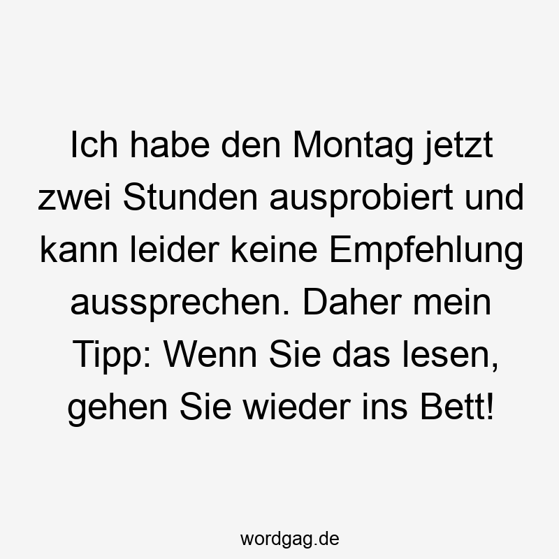 Ich habe den Montag jetzt zwei Stunden ausprobiert und kann leider keine Empfehlung aussprechen. Daher mein Tipp: Wenn Sie das lesen, gehen Sie wieder ins Bett!