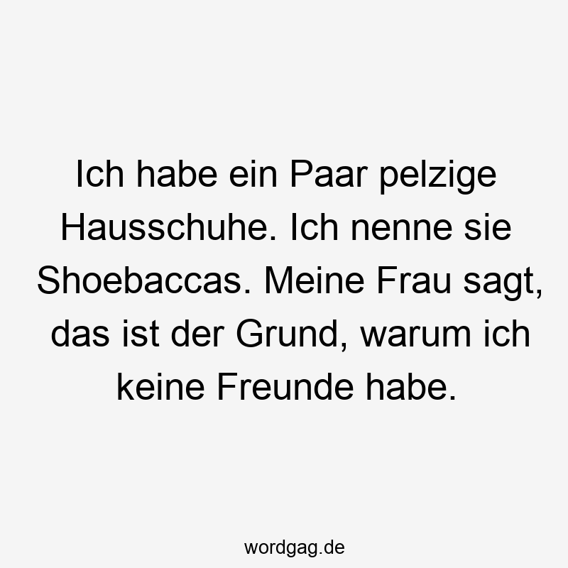Ich habe ein Paar pelzige Hausschuhe. Ich nenne sie Shoebaccas. Meine Frau sagt, das ist der Grund, warum ich keine Freunde habe.