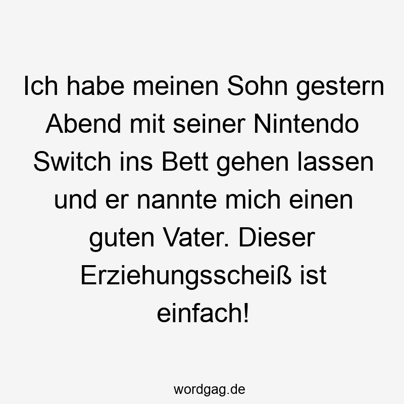 Lustige Sprüche: Bett - Ich habe meinen Sohn gestern Abend mit seiner Nintendo Switch ins Bett gehen lassen und er nannte mich einen guten Vater. Dieser Erziehungsscheiß ist einfach!