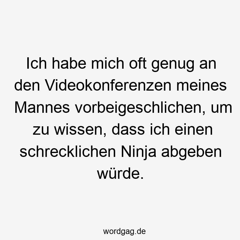 Ich habe mich oft genug an den Videokonferenzen meines Mannes vorbeigeschlichen, um zu wissen, dass ich einen schrecklichen Ninja abgeben würde.