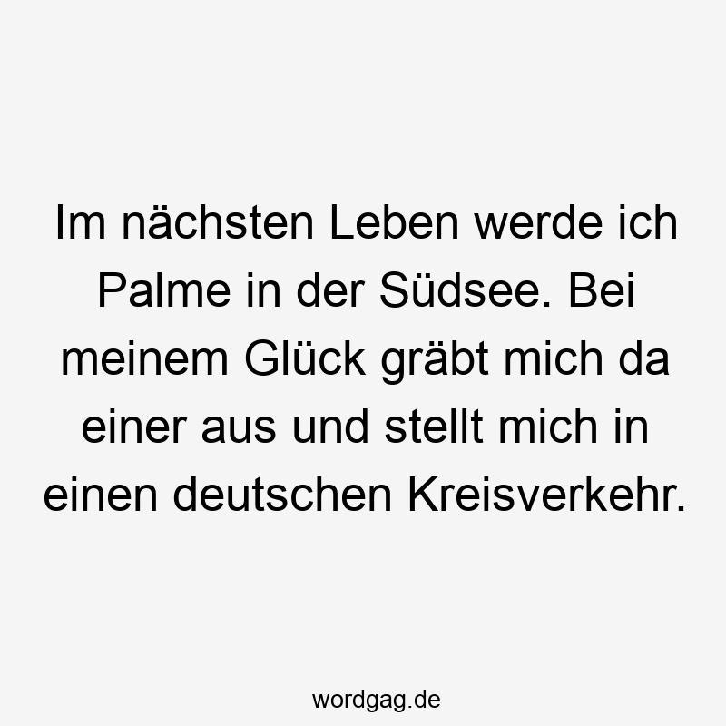 Im nächsten Leben werde ich Palme in der Südsee. Bei meinem Glück gräbt mich da einer aus und stellt mich in einen deutschen Kreisverkehr.