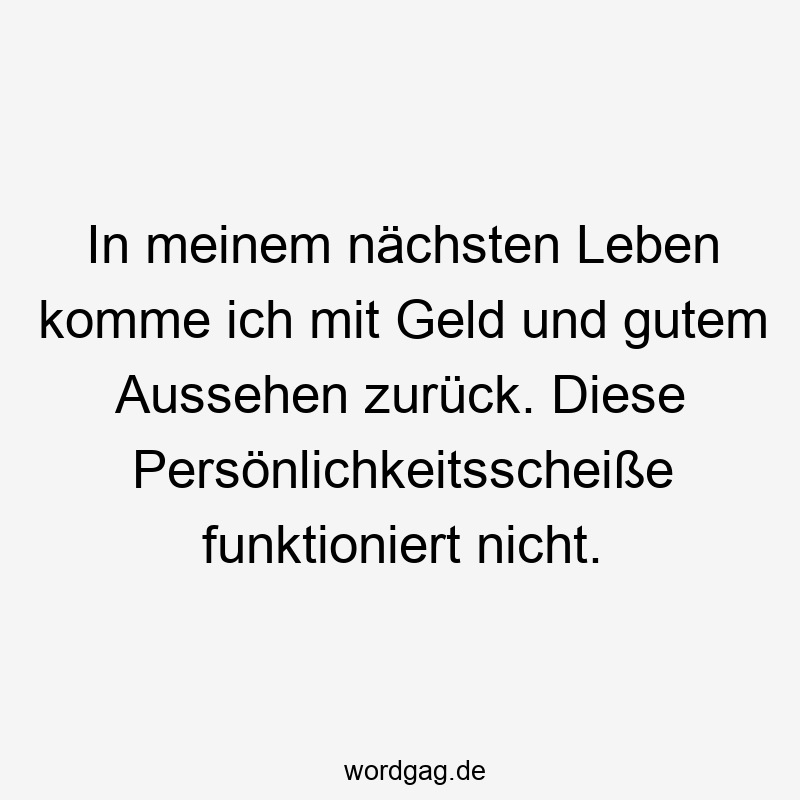 In meinem nächsten Leben komme ich mit Geld und gutem Aussehen zurück. Diese Persönlichkeitsscheiße funktioniert nicht.