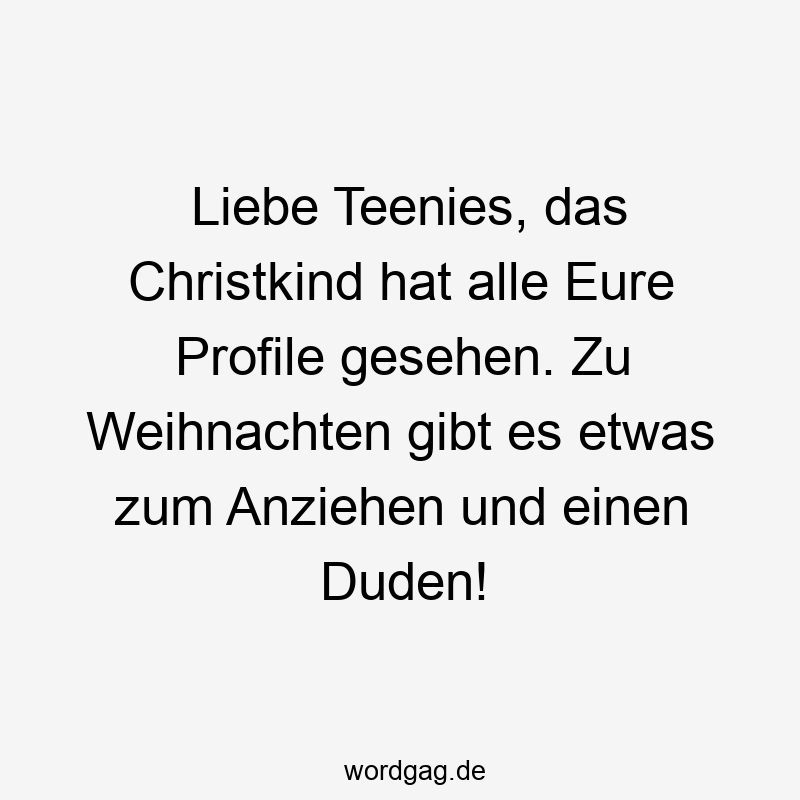 Liebe Teenies, das Christkind hat alle Eure Profile gesehen. Zu Weihnachten gibt es etwas zum Anziehen und einen Duden!