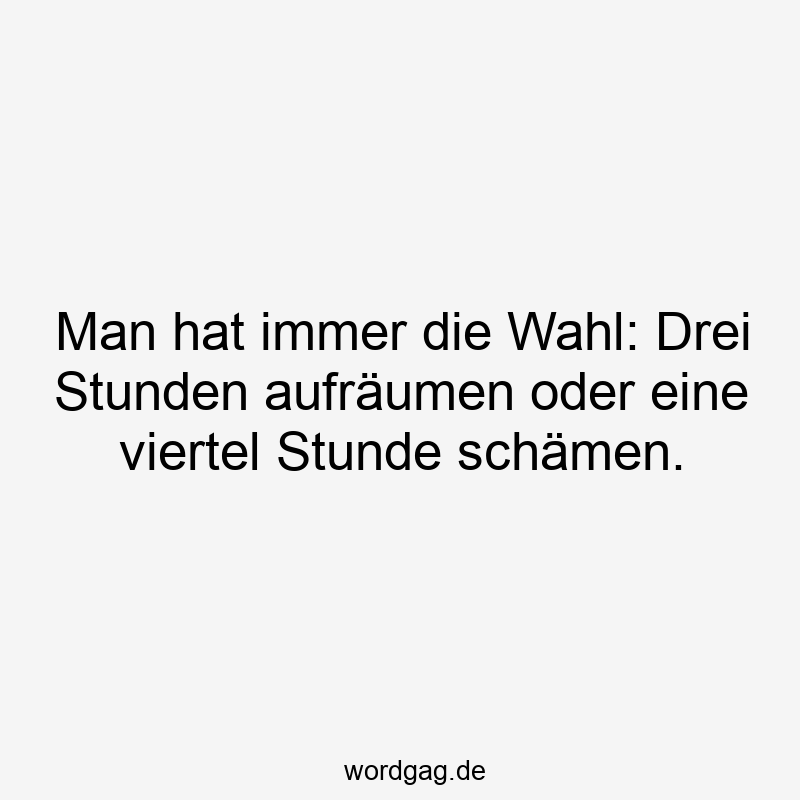 Man hat immer die Wahl: Drei Stunden aufräumen oder eine viertel Stunde schämen.