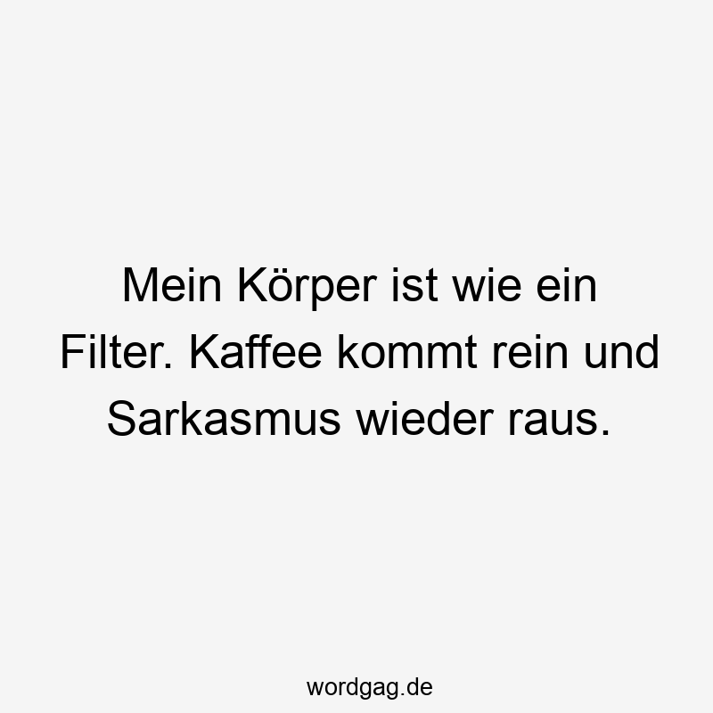 Lustige Sprüche: Kaffee - Mein Körper ist wie ein Filter. Kaffee kommt rein und Sarkasmus wieder raus.