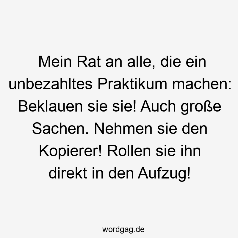 Mein Rat an alle, die ein unbezahltes Praktikum machen: Beklauen sie sie! Auch große Sachen. Nehmen sie den Kopierer! Rollen sie ihn direkt in den Aufzug!