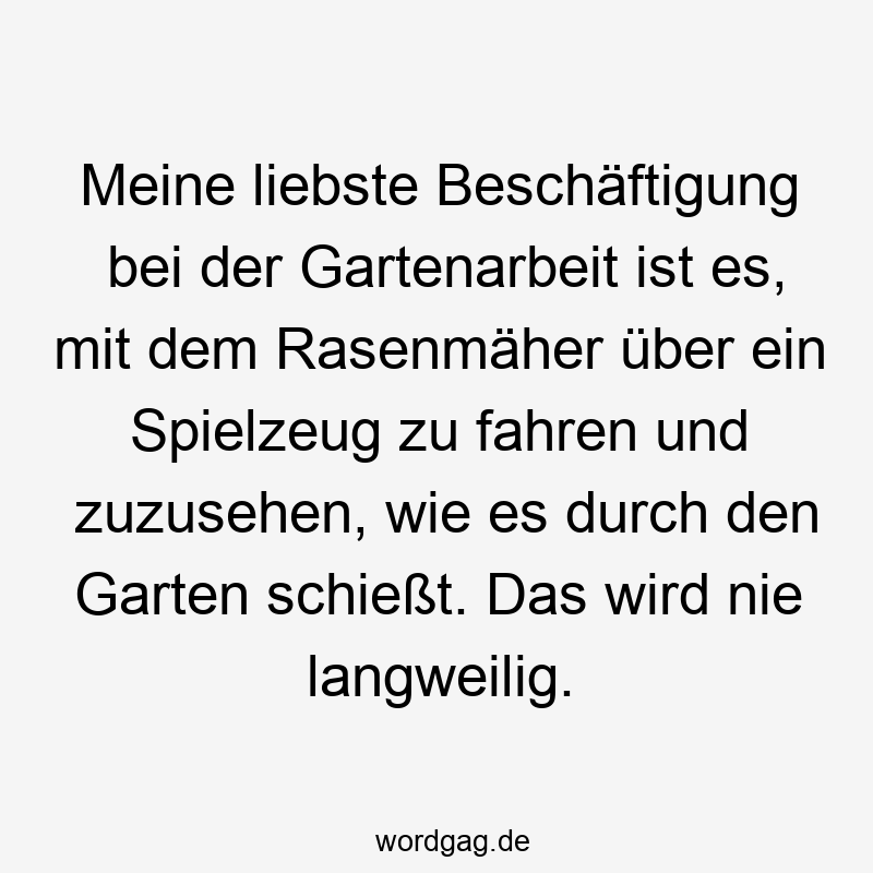 Lustige Sprüche: Spielzeug - Meine liebste Beschäftigung bei der Gartenarbeit ist es, mit dem Rasenmäher über ein Spielzeug zu fahren und zuzusehen, wie es durch den Garten schießt. Das wird nie langweilig.