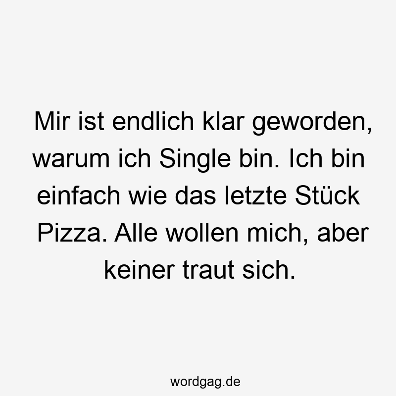 Lustige Sprüche: Stück - Mir ist endlich klar geworden, warum ich Single bin. Ich bin einfach wie das letzte Stück Pizza. Alle wollen mich, aber keiner traut sich.