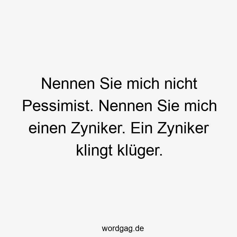 Lustige Sprüche: Pessimist - Nennen Sie mich nicht Pessimist. Nennen Sie mich einen Zyniker. Ein Zyniker klingt klüger.