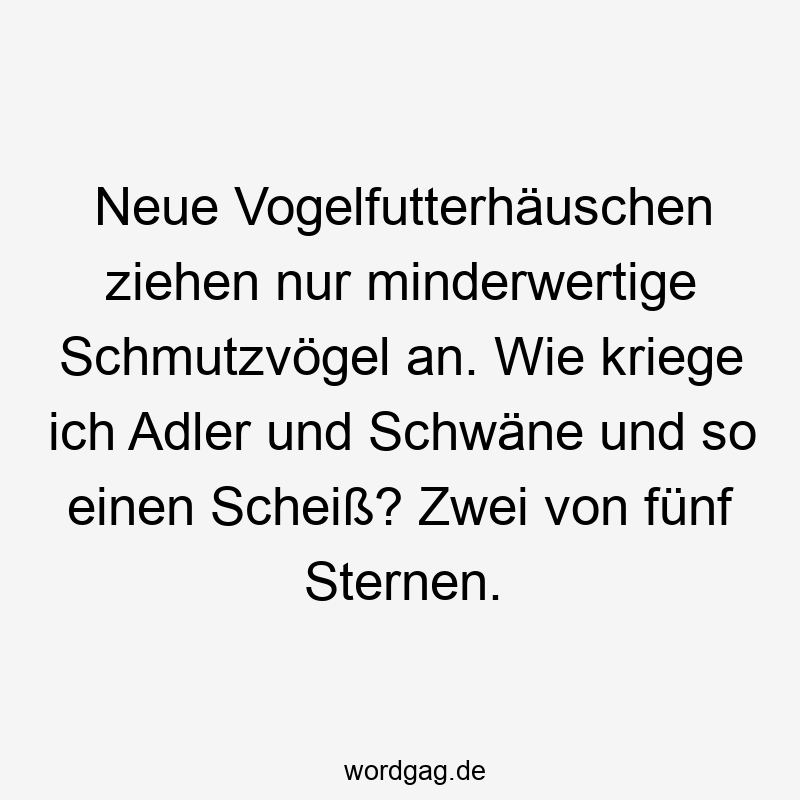 Neue Vogelfutterhäuschen ziehen nur minderwertige Schmutzvögel an. Wie kriege ich Adler und Schwäne und so einen Scheiß? Zwei von fünf Sternen.