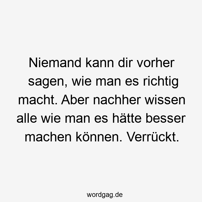 Niemand kann dir vorher sagen, wie man es richtig macht. Aber nachher wissen alle wie man es hätte besser machen können. Verrückt.