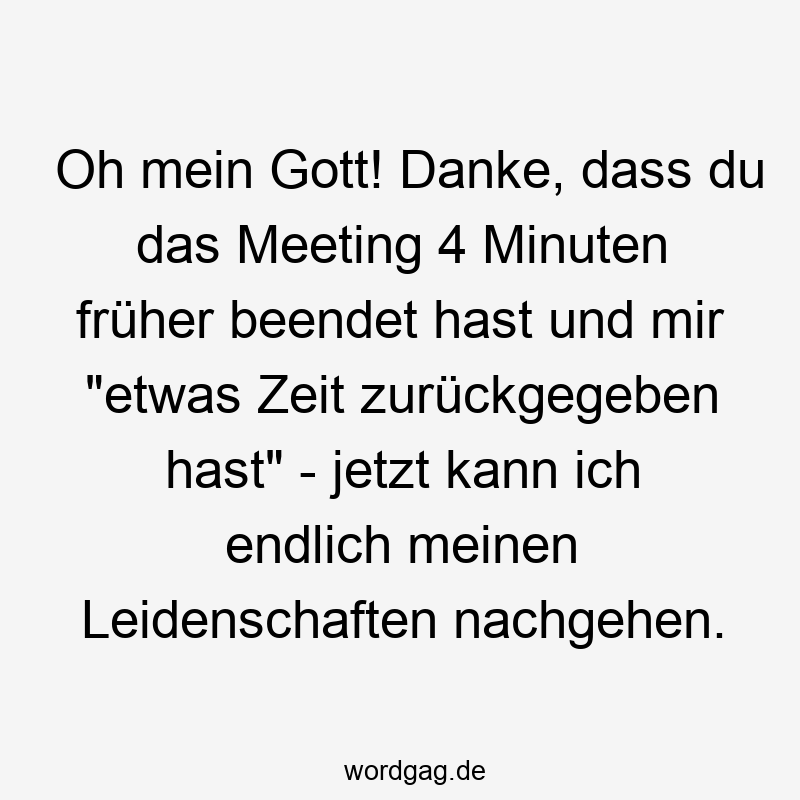 146 Lustige Freizeit Sprüche - Oh mein Gott! Danke, dass du das Meeting 4 Minuten früher beendet hast und mir „etwas Zeit zurückgegeben hast“ – jetzt kann ich endlich meinen Leidenschaften nachgehen.