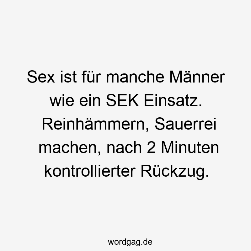 Lustige Sprüche: Einsatz - Sex ist für manche Männer wie ein SEK Einsatz. Reinhämmern, Sauerrei machen, nach 2 Minuten kontrollierter Rückzug.