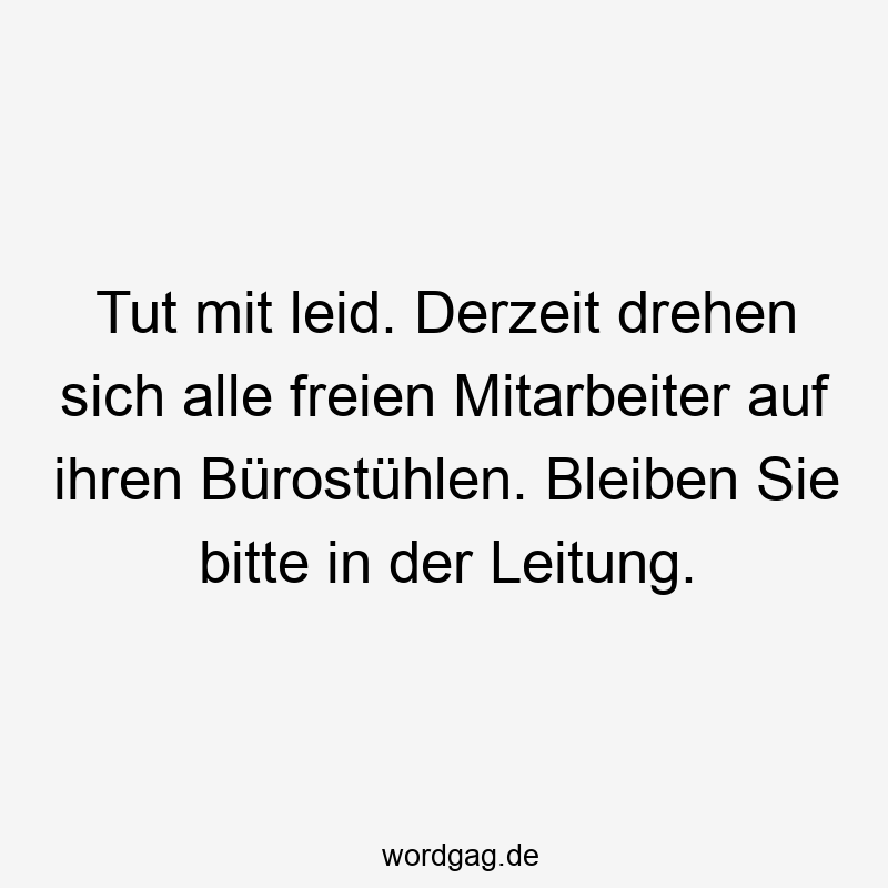 Tut mit leid. Derzeit drehen sich alle freien Mitarbeiter auf ihren Bürostühlen. Bleiben Sie bitte in der Leitung.