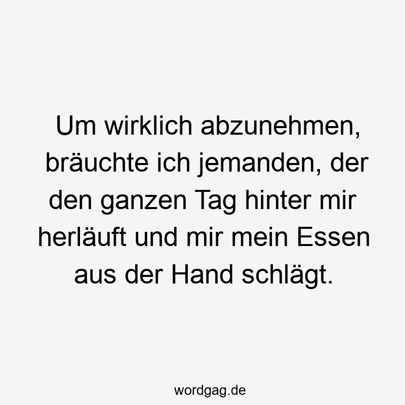 Lustige Sprüche: Diät - Um wirklich abzunehmen, bräuchte ich jemanden, der den ganzen Tag hinter mir herläuft und mir mein Essen aus der Hand schlägt.
