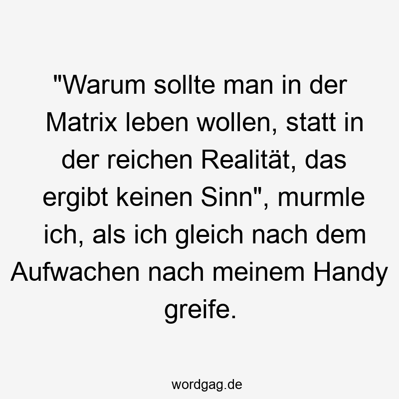 "Warum sollte man in der Matrix leben wollen, statt in der reichen Realität, das ergibt keinen Sinn", murmle ich, als ich gleich nach dem Aufwachen nach meinem Handy greife.