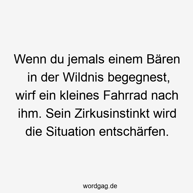 Wenn du jemals einem Bären in der Wildnis begegnest, wirf ein kleines Fahrrad nach ihm. Sein Zirkusinstinkt wird die Situation entschärfen.