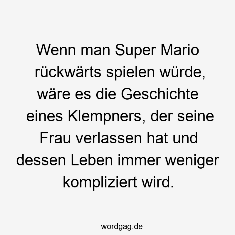 Wenn man Super Mario rückwärts spielen würde, wäre es die Geschichte eines Klempners, der seine Frau verlassen hat und dessen Leben immer weniger kompliziert wird.