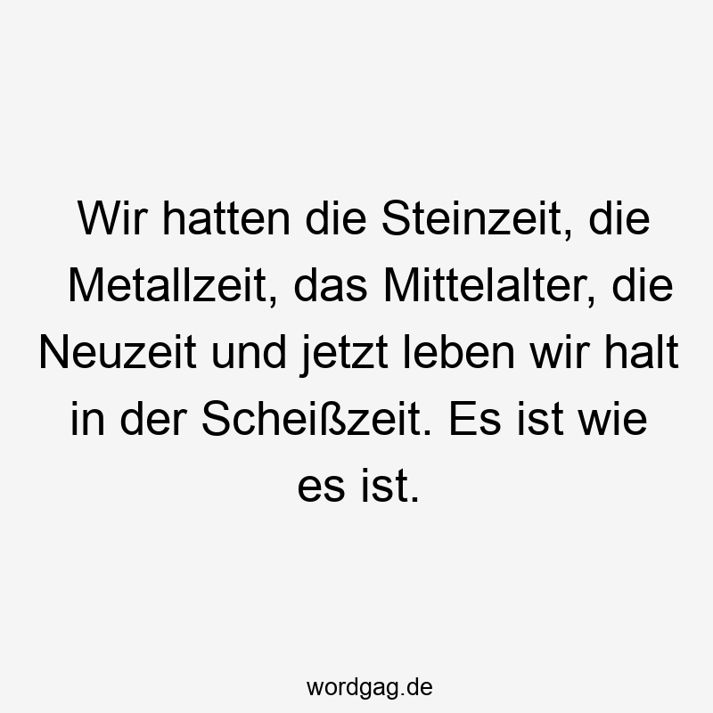 Lustige Sprüche: Zeitgeist - Wir hatten die Steinzeit, die Metallzeit, das Mittelalter, die Neuzeit und jetzt leben wir halt in der Scheißzeit. Es ist wie es ist.