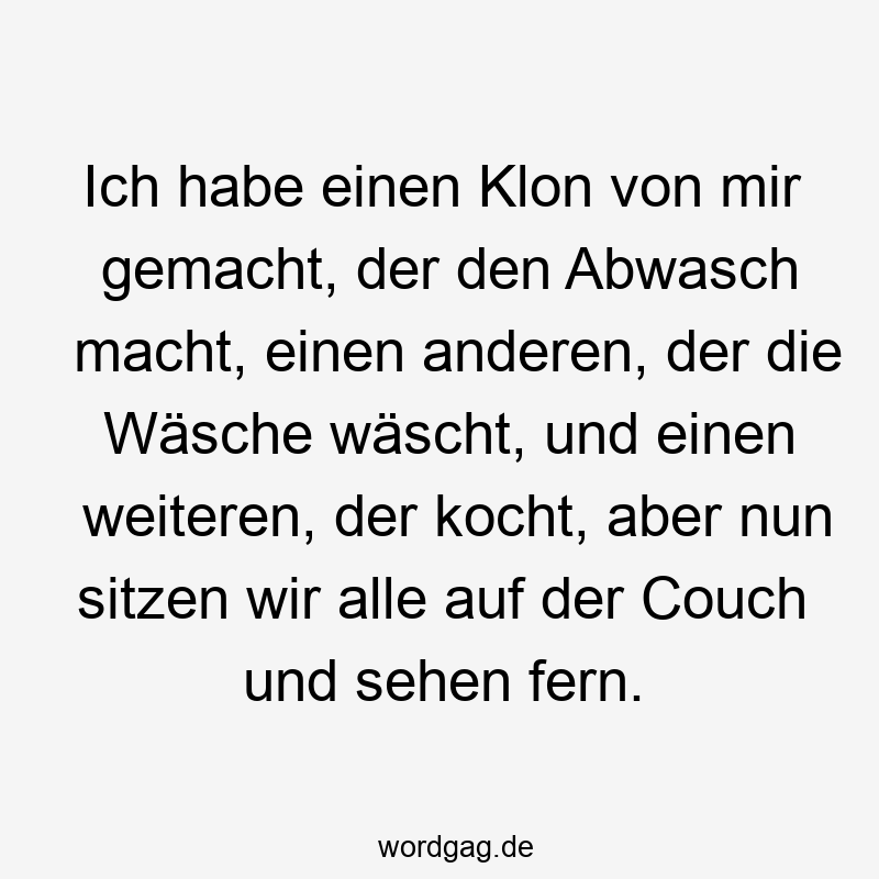 Ich habe einen Klon von mir gemacht, der den Abwasch macht, einen anderen, der die Wäsche wäscht, und einen weiteren, der kocht, aber nun sitzen wir alle auf der Couch und sehen fern.
