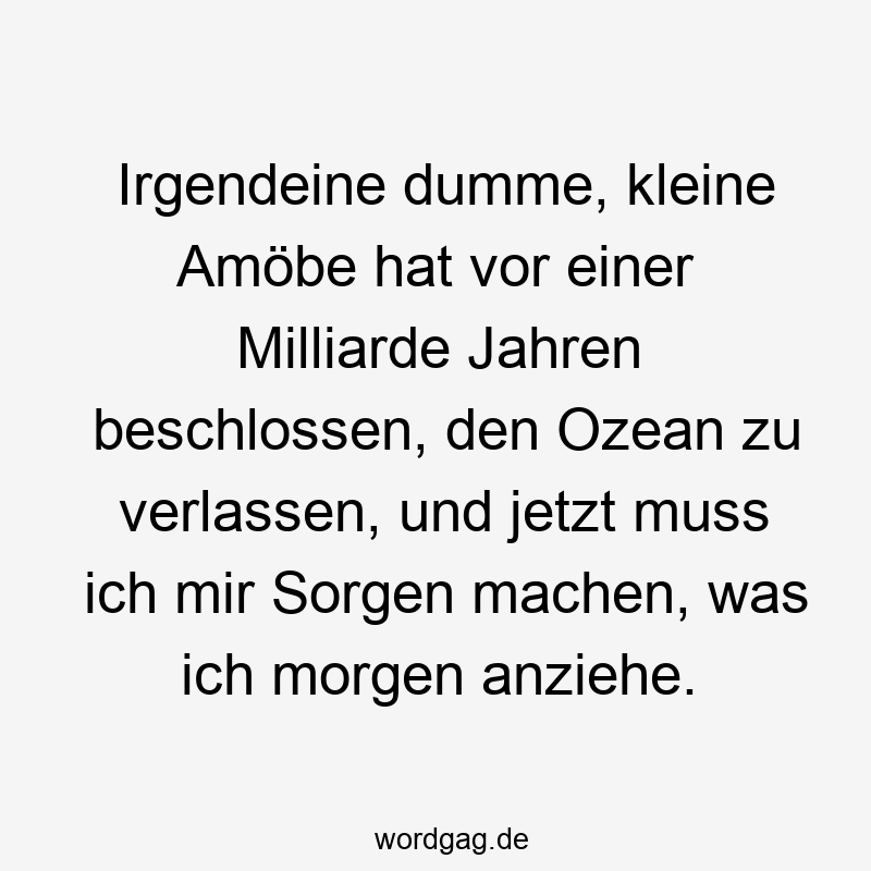 Irgendeine dumme, kleine Amöbe hat vor einer Milliarde Jahren beschlossen, den Ozean zu verlassen, und jetzt muss ich mir Sorgen machen, was ich morgen anziehe.