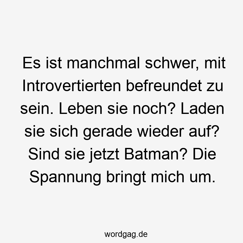 Es ist manchmal schwer, mit Introvertierten befreundet zu sein. Leben sie noch? Laden sie sich gerade wieder auf? Sind sie jetzt Batman? Die Spannung bringt mich um.